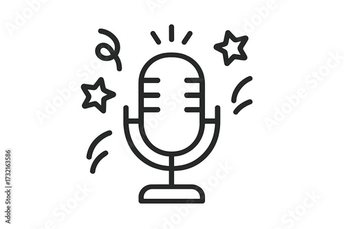 Retro microphone icon. Karaoke party symbol. Linear vector for podcast, radio, or broadcast. Stand-up comedy, music show, interview concept. Voice, sound, audio recording.