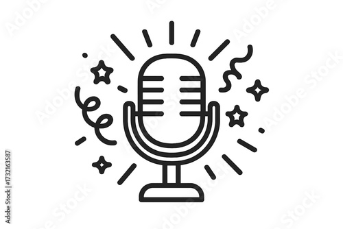 Retro microphone icon for podcast or karaoke. Vintage music sound symbol for broadcast or show. Performance and entertainment concept. Party celebration voice record sign. Line art vector.