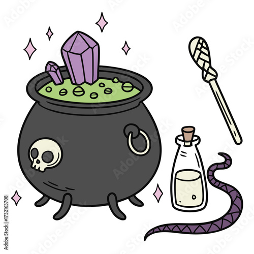 A witchs cauldron with bubbling green potion, crystals, a skull, a snake, and a potion bottle a magical and spooky halloween illustration