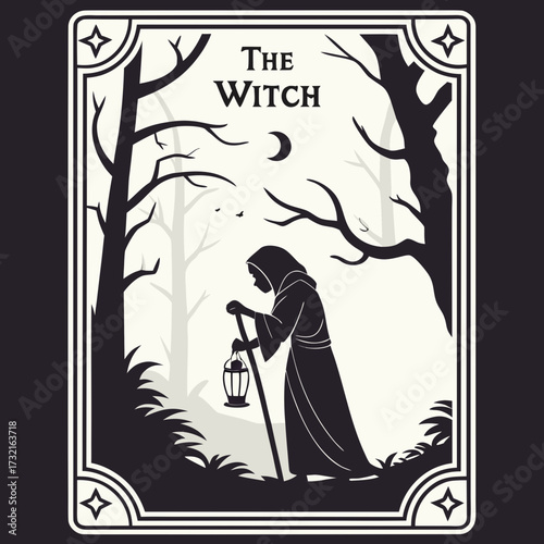 A witch with a lantern walks through a dark forest under the moonlight, a black and white illustration evoking a sense of mystery and magic, perfect for halloween themes