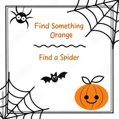 Halloween activity for kids find something orange and find a spider game with pumpkin, spider web, bat and cute spider cartoon illustration
