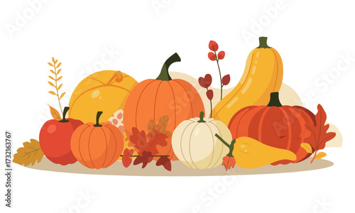 Vector design of Autumn-themed still life illustration of seasonal food items, such as apples, pumpkins, and squash, arranged in a simple composition