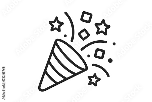 Party popper with confetti line icon. Exploding firecracker for celebration, birthday, and new year. Fun surprise symbol. Festival vector illustration linear style isolated.