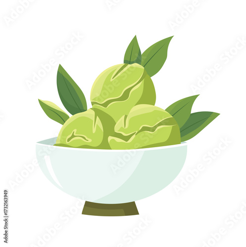 Japanese matcha green tea ice cream. Flat vector clipart illustration with isolated background.