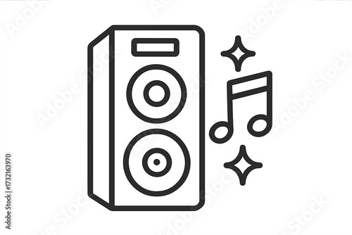Speaker icon with music notes. Sound system symbol for party, concert or festival. Audio equipment for entertainment. Vector line art illustration for web and mobile apps.