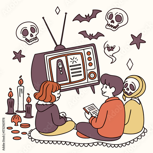 A cozy halloween night illustration, featuring people watching scary movies on tv with skulls, bats, candles, and other spooky decorations