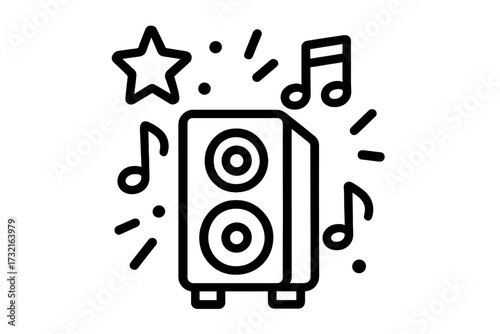 Music speaker icon. Sound system for party, concert or festival. Vector line illustration of audio equipment. Entertainment, melody, song and celebration concept. Nightclub element.