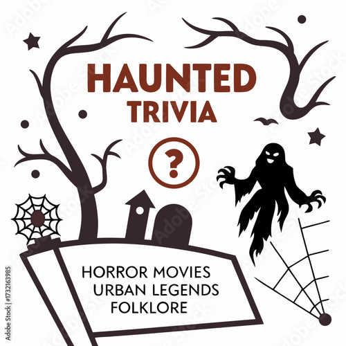 A haunted trivia night poster featuring horror movies, urban legends, and folklore, with spooky elements like ghosts, spiders, and bare trees