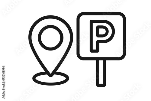 Parking location icon. Car park map pointer pin. Find parking space sign. Navigation destination symbol for web or app. Vector line art illustration on white background.