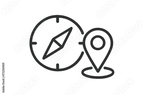 Navigation line icon with compass and map pin. Concept for location, direction, GPS, and travel. Vector symbol for destination, route finding, exploration, and guidance.