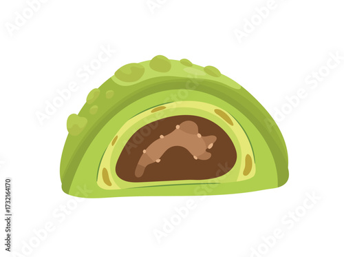 Japanese matcha pastry with green tea flavor and chocolate filling. Flat vector clipart illustration with isolated background.