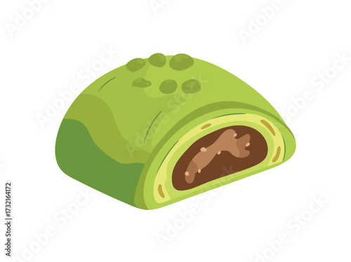 Japanese matcha pastry with green tea flavor and chocolate filling. Flat vector clipart illustration with isolated background.