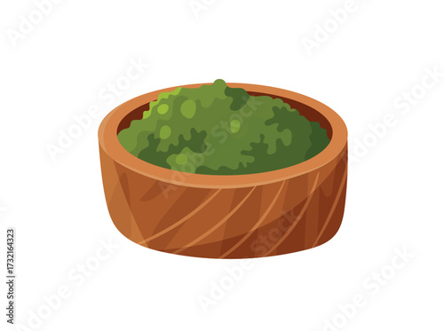 Green tea powder. Flat vector clipart illustration with isolated background.