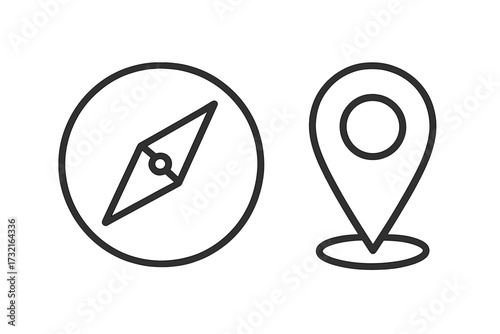 Compass and map pointer icon set. Linear vector illustration for navigation, location, direction finding. GPS marker, destination pin, and travel guide symbol for web, app design.