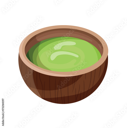 Japanese green tea in a wooden cup. Flat vector clipart illustration with isolated background.