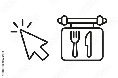 Online food ordering concept. Click to order food delivery. Restaurant sign with cursor pointer. Vector line icon for reservation app or website. Choose a cafe or dinner.