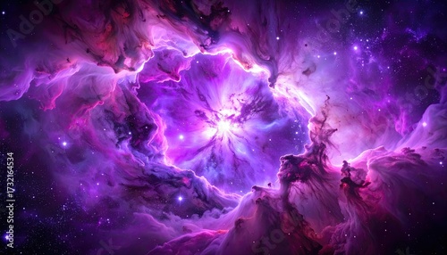 Abstract Nebula Cloud of Purple and Pink with Glowing Stars on Dark Background Featuring a Cinematic Fire Energy Atmosphere Space Concept Art