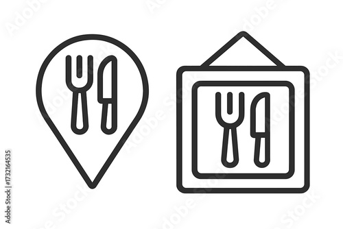 Restaurant location pointer icon and food sign set. Vector line art of a map pin with fork and knife for finding a cafe, eatery, or dining spot. Cutlery symbol for navigation.