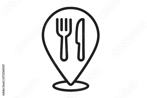 Restaurant location pin. Food map pointer icon. GPS marker with fork and knife. Navigation sign for a cafe, diner, or eatery. Linear vector symbol for finding a place to eat.