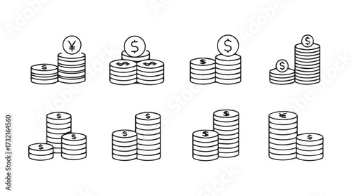 Hand drawn stacks of coins representing financial growth and wealth accumulation icons vector