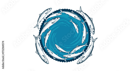Circular school of fish swimming in a stylized ocean vortex.