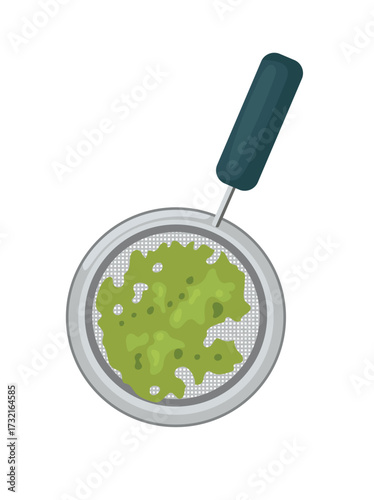 Top view of strainer with matcha powder. Flat vector clipart illustration with isolated background.
