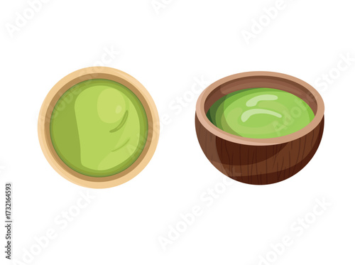 Japanese green tea in a wooden cup. Flat vector clipart illustration with isolated background.