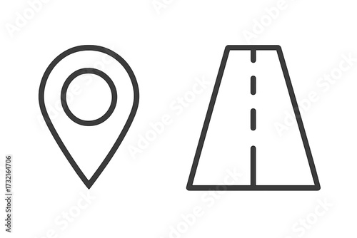 Simple line icon set with map pointer and road. Location pin, highway, and route symbols for navigation, gps, and destination concepts. Vector outline graphic for travel journey.