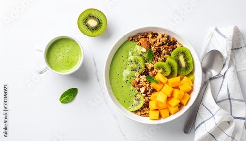 Healthy green smoothie bowl with granola, kiwi, mango, and matcha.