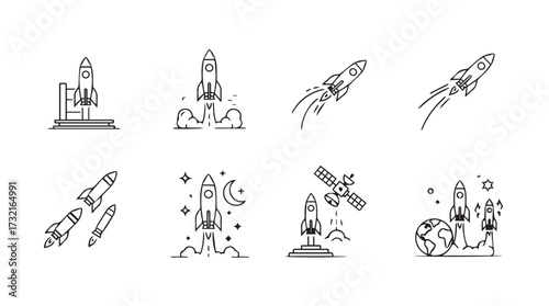 Collection of artistic hand-drawn rocket ship launch sequences and spacecraft designs vector