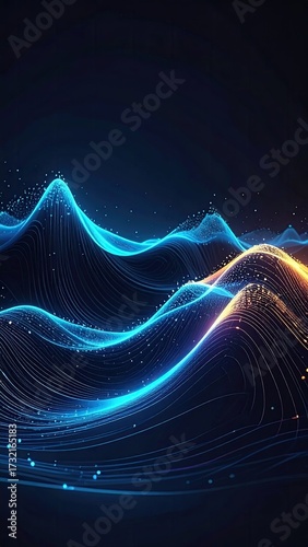 Abstract Neon Landscape with Glowing Peaks in Shades of Blue and Gold Digital Art Dynamic Background Digital Representation of Mountain Range in Dark Ambiance