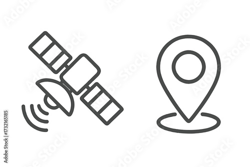 Satellite icon with location pin, linear vector illustration, GPS tracking symbol, navigation marker, digital map pointer, wireless communication sign, transparent background