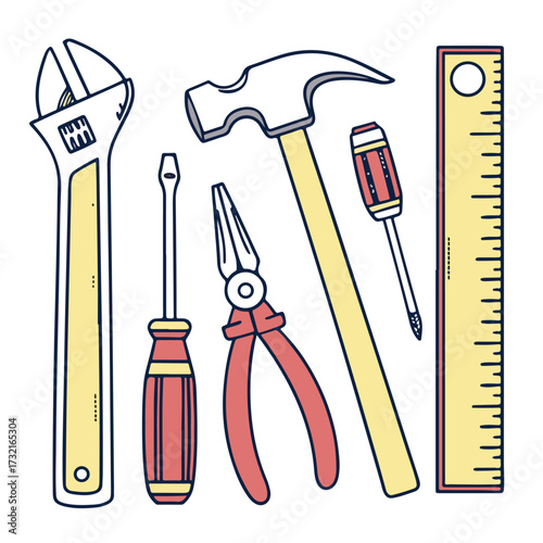 Organized toolkit vector illustration featuring hammer, screwdriver, wrench, and pliers for construction and household projects