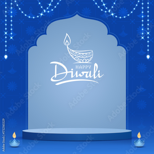 happy diwali 3d podium illustration with diwali blue background and glowing lights decoration