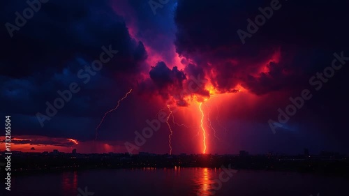 Fiery Lightning Storm Over Water.