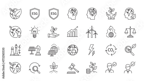 Set of environmental and ESG icons thin line vector illustration for sustainable development and corporate social responsibility isolated on