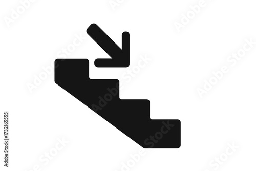 Downstairs icon silhouette, black staircase vector, downward arrow symbol, step navigation symbol, minimalist cartoon illustration with transparent background, directional graphic