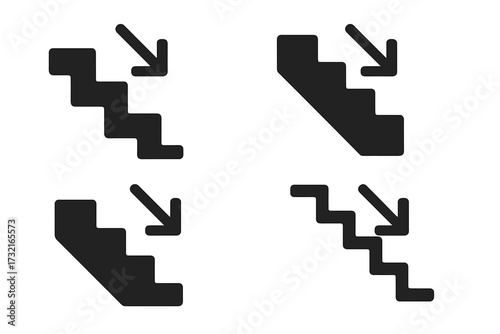 Stairs down icon set in silhouette style, vector cartoon illustration of descending staircase with arrow, transparent background, minimalistic design for navigation and direction symbols