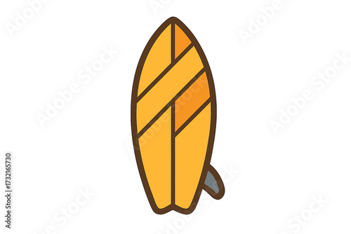 Surfboard icon flat style vibrant yellow and orange vector illustration, vacation beach concept, cartoon summer travel symbol with fin and transparent background, trendy set design