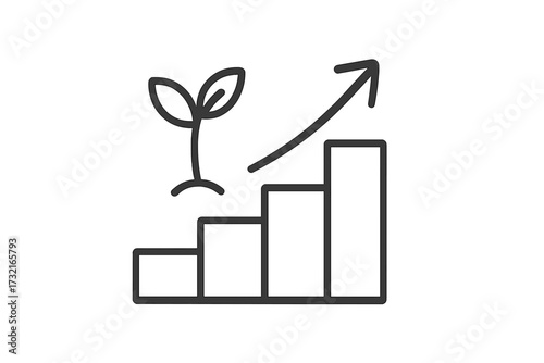 Upward growth bar chart with sprouting plant, rising statistics arrow, eco business progress, sustainable development, environmental growth vector illustration, linear style