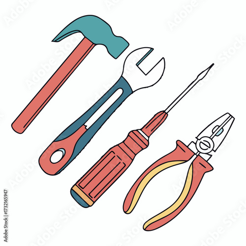 Detailed, colorful vector illustration of construction tools, including hamme,r pliers, and screwdriver, for workshop design