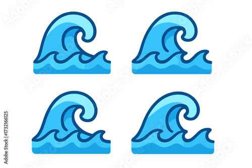 Vector cartoon wave icon set with swirl design, blue ocean water splash, sea wave symbols collection for beach, surfing, summer and water sports concepts, transparent background
