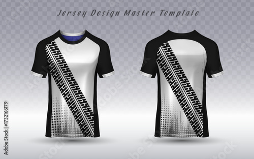 Black and white sports t-shirt mockup with a bold, diagonal tire track pattern. Perfect for motocross teams, automotive event apparel, or custom athletic wear with a rugged, dynamic