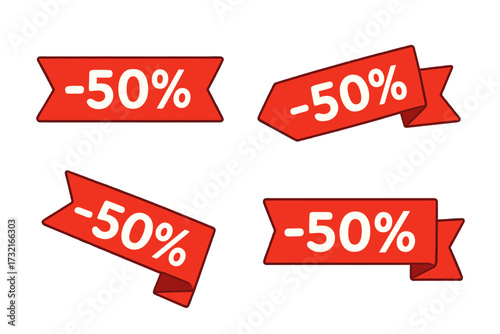 Set of red fifty percent off sale tags. Collection of flat vector cartoon ribbon banners for promotion and advertising. Discount price label sticker icon for retail business and marketing.