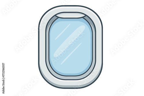 Airplane window vector illustration. Aircraft porthole. Travel concept. Isolated icon. Journey by air. Airline flight symbol. Aviation tourism design element. Plane cabin view.