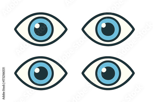 Set of four blue eye icons. Simple cartoon graphic illustration of human eyes looking. Concept for vision, seeing, surveillance, security, ophthalmology, or privacy. Vector.