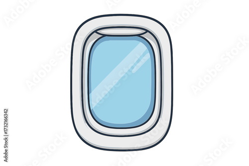Airplane window vector cartoon illustration. Aircraft porthole with sky view, isolated on white. Concept for travel, vacation, flight, journey, and transportation. Aviation design element.