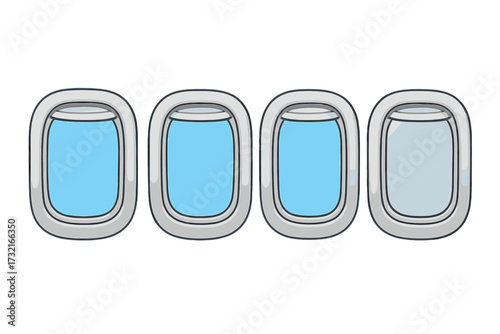 Airplane window vector set. Aircraft porthole collection with open and closed shade. Blue sky view. Cartoon illustration for travel, vacation, flight, and tourism concepts.
