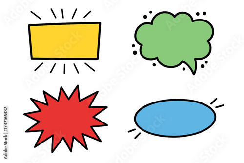 Set of colorful cartoon speech bubbles. Hand-drawn comic style pop art callouts. Blank vector text box, message balloon, and starburst explosion for stickers and labels.