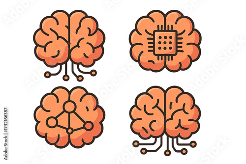 Artificial intelligence icon set. Vector cartoon brains with CPU chip, neural network connections. Symbol for machine learning, deep learning, future technology, data science.